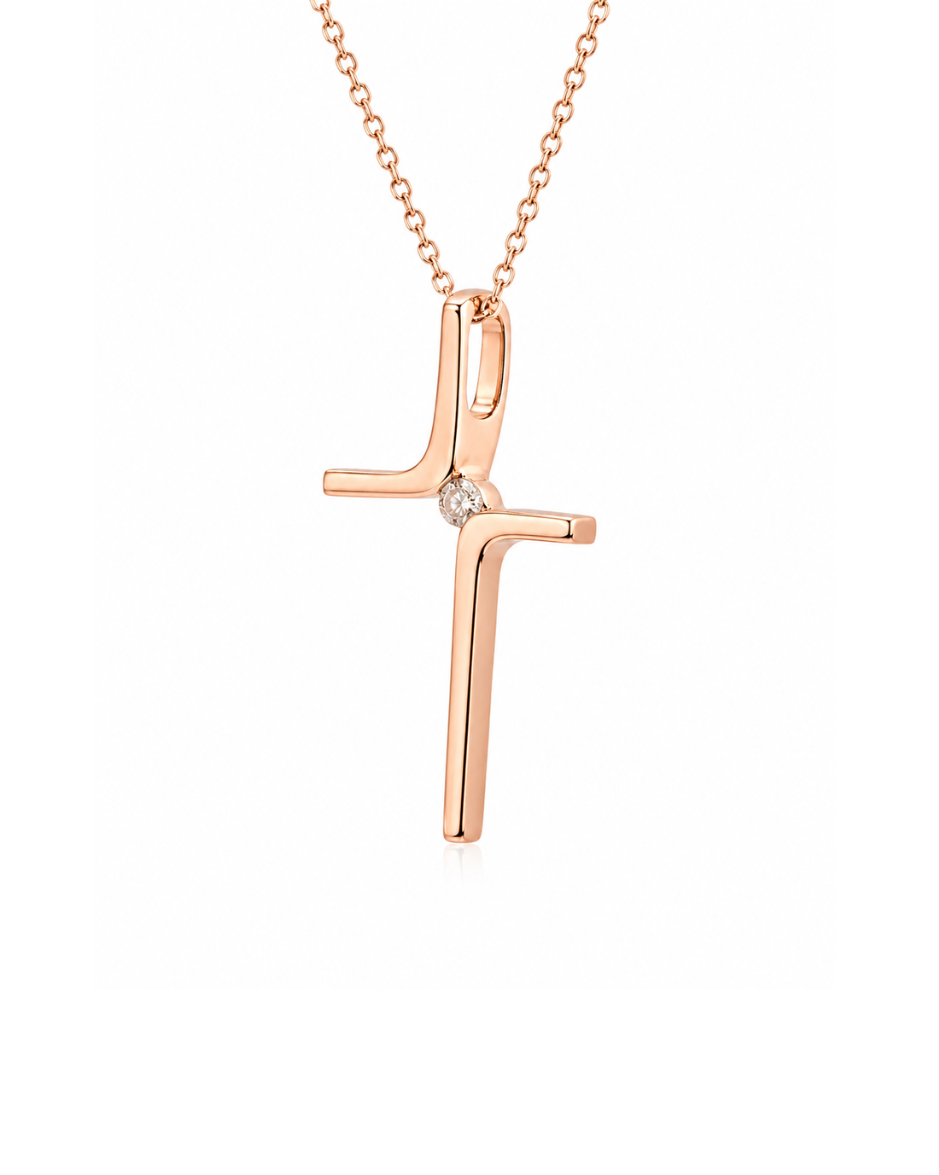 Dije Cruz Moderna Oro Rosa 14K con Diamante Natural