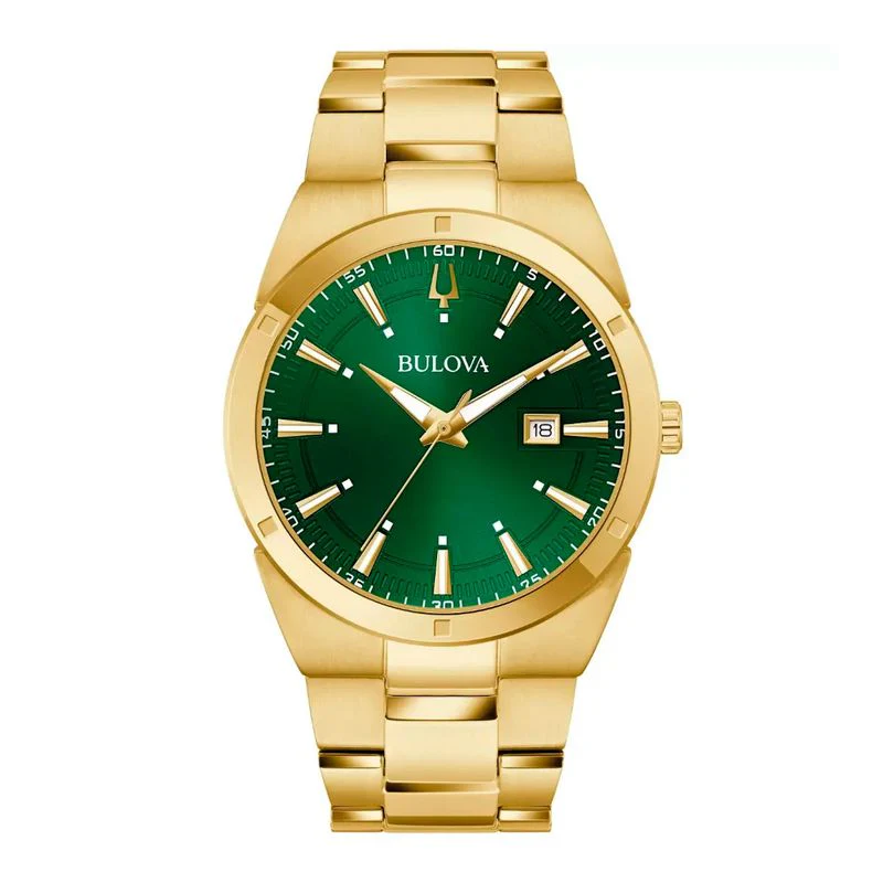 Bulova 97B221 verde acero dorado reloj dress contemporáneo
