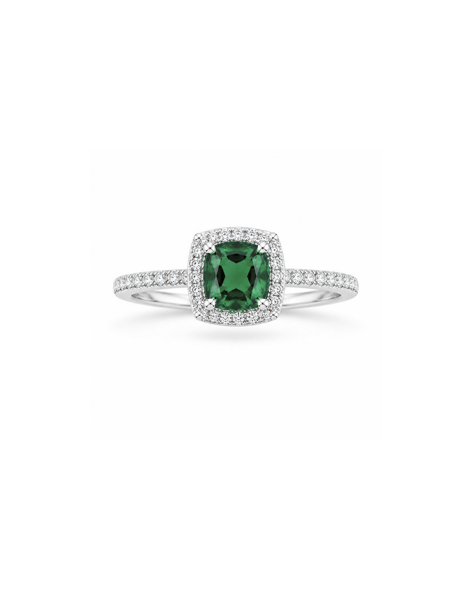 Anillo Oro Blanco 10K con Esmeralda de Laboratorio y Diamantes