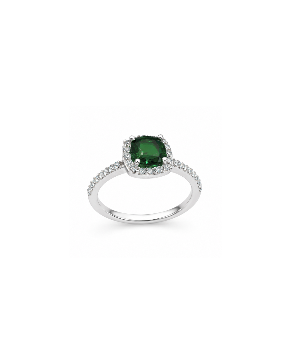 Anillo Oro Blanco 10K con Esmeralda de Laboratorio y Diamantes