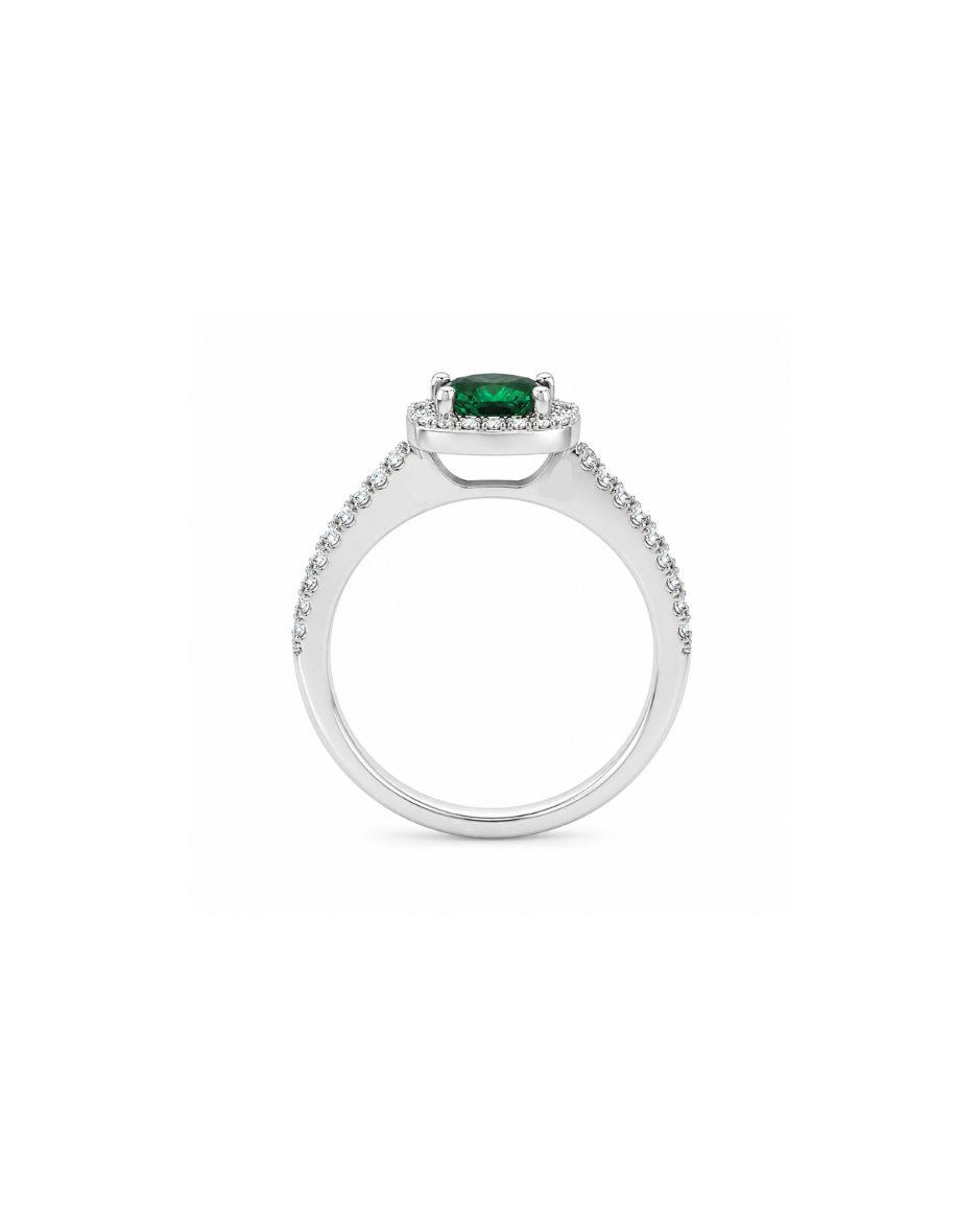 Anillo Oro Blanco 10K con Esmeralda de Laboratorio y Diamantes