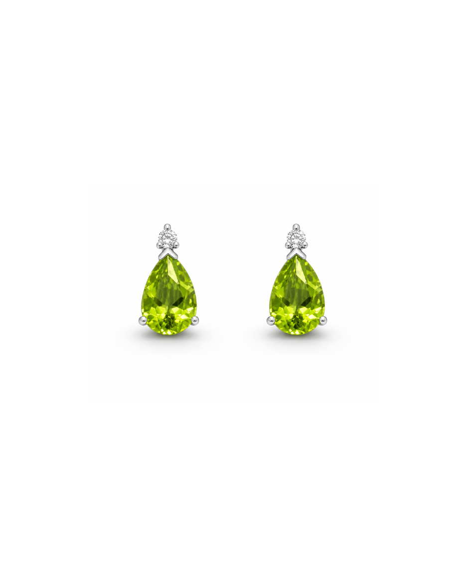 Aretes Oro Blanco 14K con Peridoto Natural y Diamantes