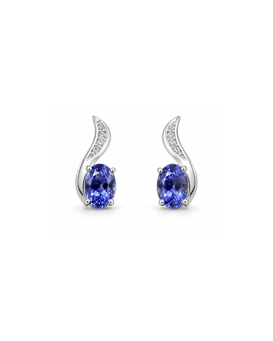 Aretes Oro Blanco 14K con Tanzanita Natural y Diamantes