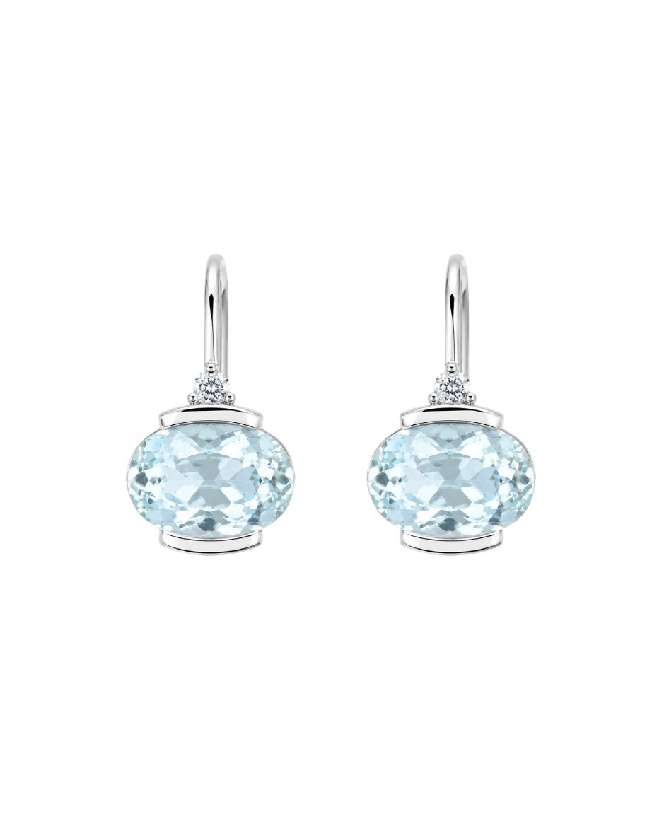Aretes Oro Blanco 14K con Aguamarina Natural y Diamantes