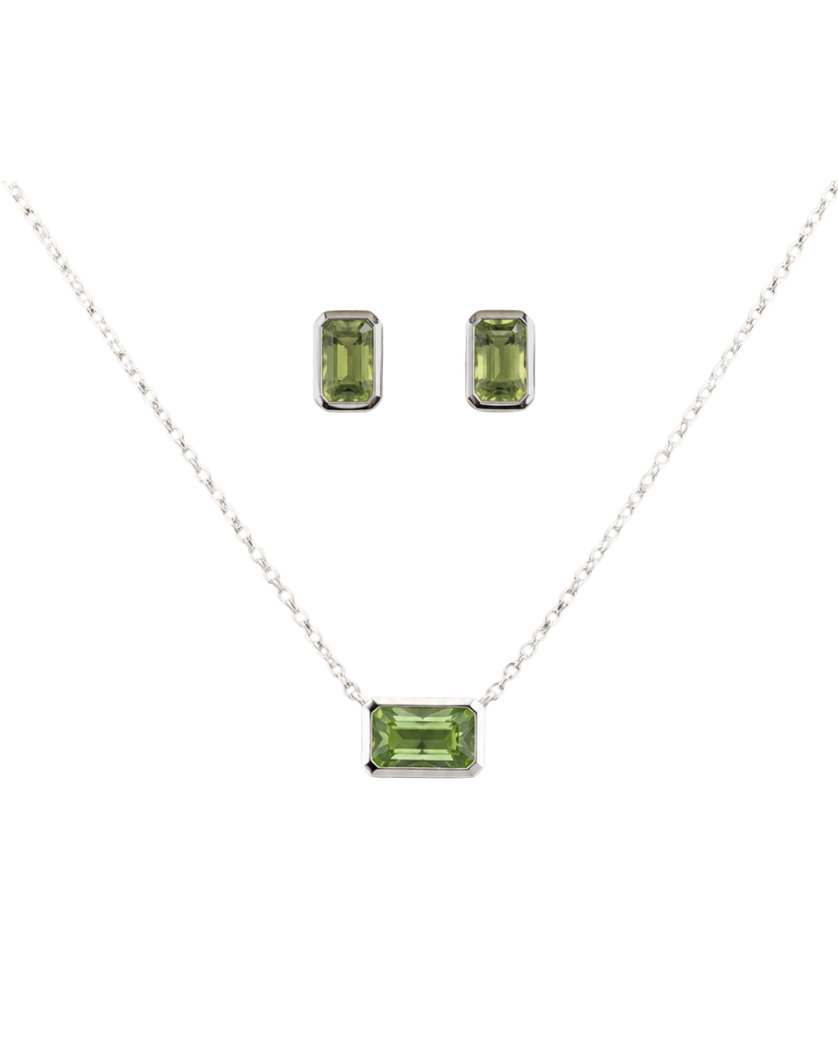 Set de Joyería con Peridoto Natural Corte Esmeralda en Oro Blanco 14K (Aretes, Dije y Collar)
