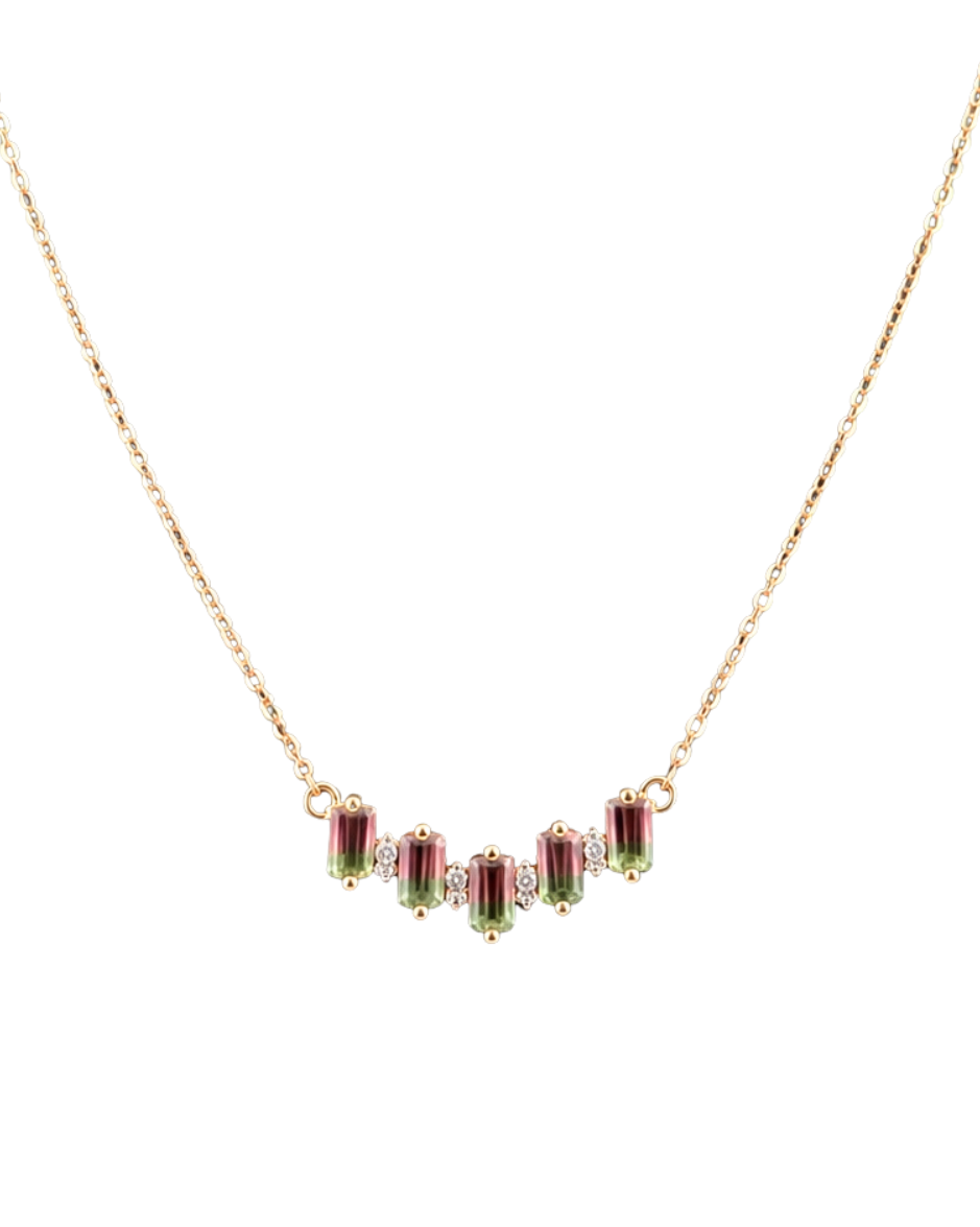 Collar con Turmalina Watermelon Corte Esmeralda y Diamantes Naturales en Oro Rosa14K