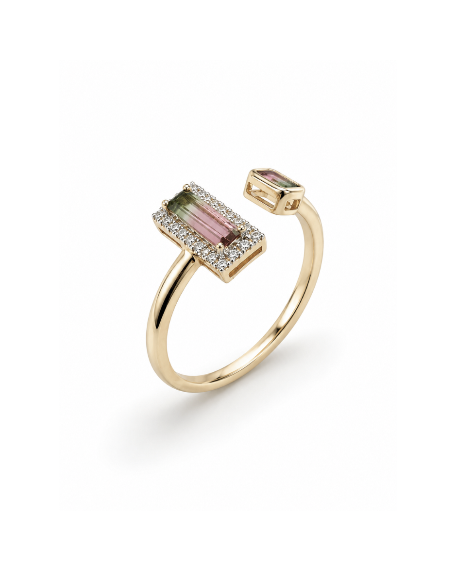 Anillo con Turmalina Sandía Bicolor Rosa y Verde en Oro Amarillo 14K