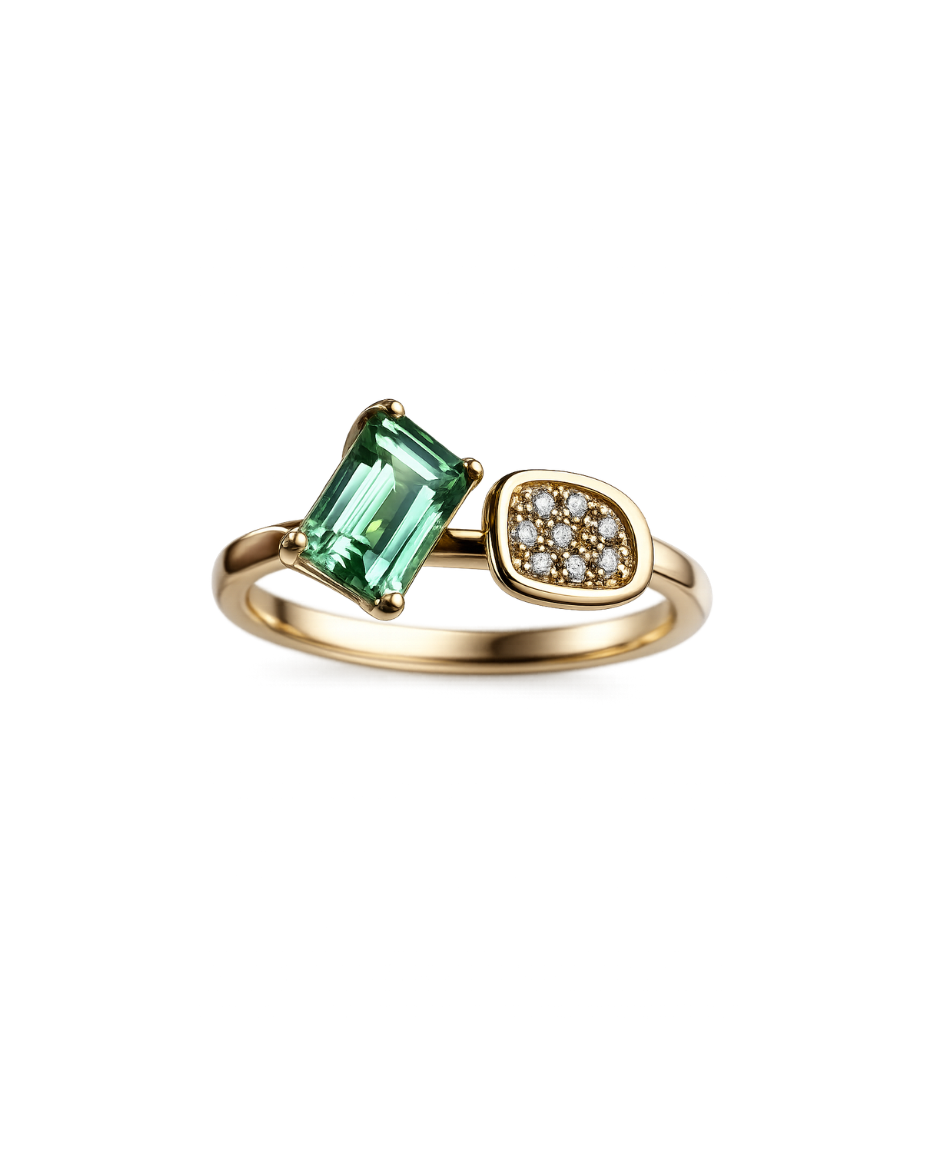 Anillo Doble Piedra con Zafiro Corte Baguette y Diamantes Naturales en Oro Amarillo 14K