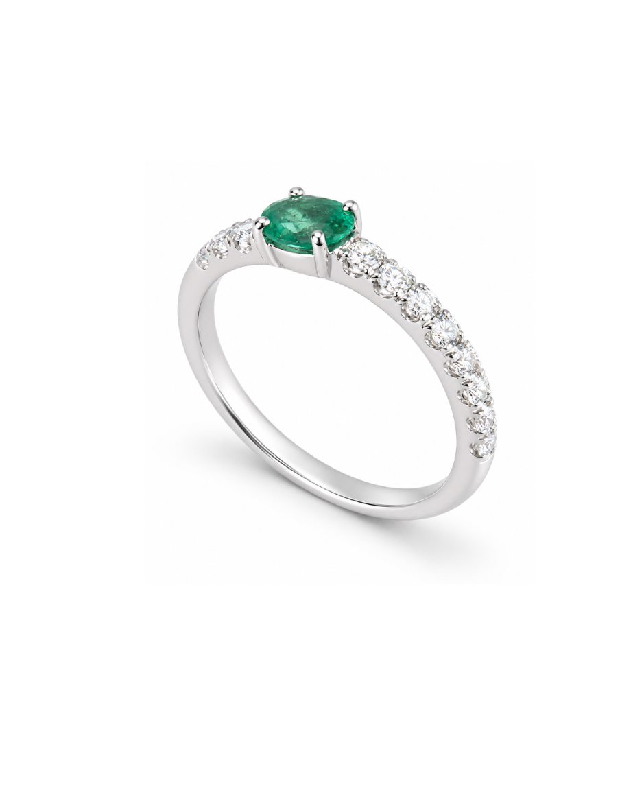 Anillo Oro Blanco 18K con Esmeralda Natural y Diamantes