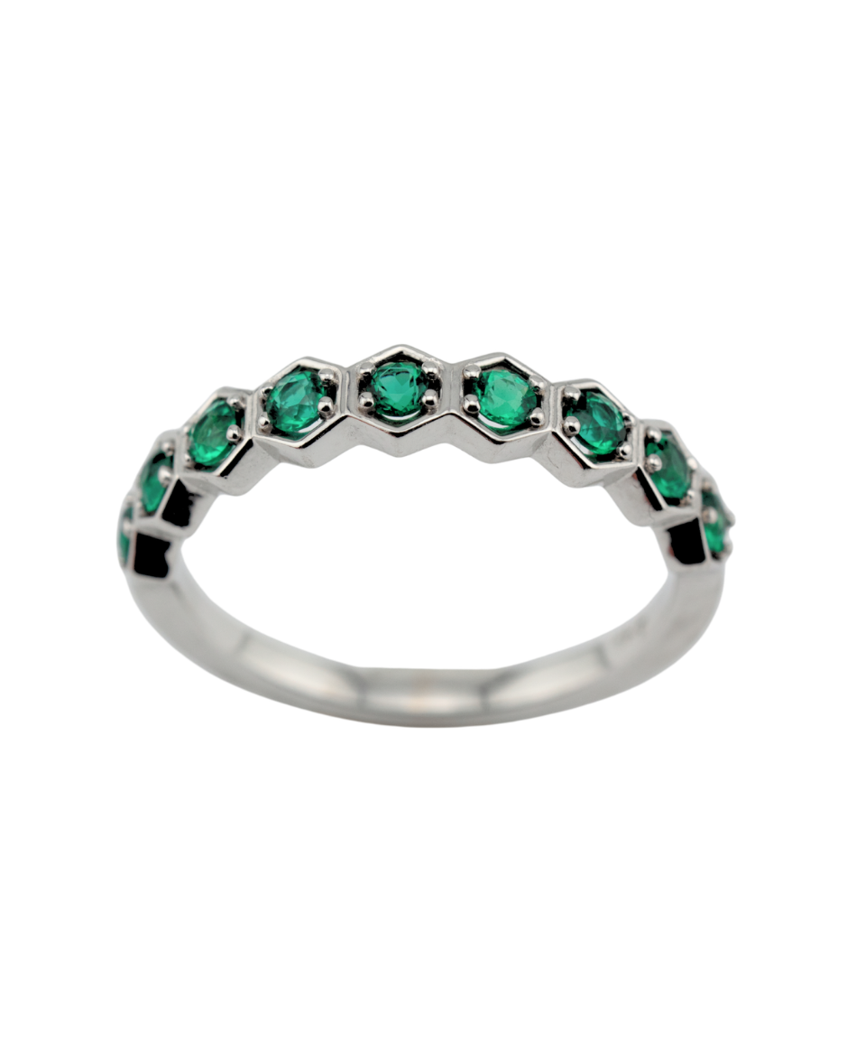 Onore anillo esmeraldas verdes de laboratorio oro blanco 14K diseño pentagonal contemporáneo