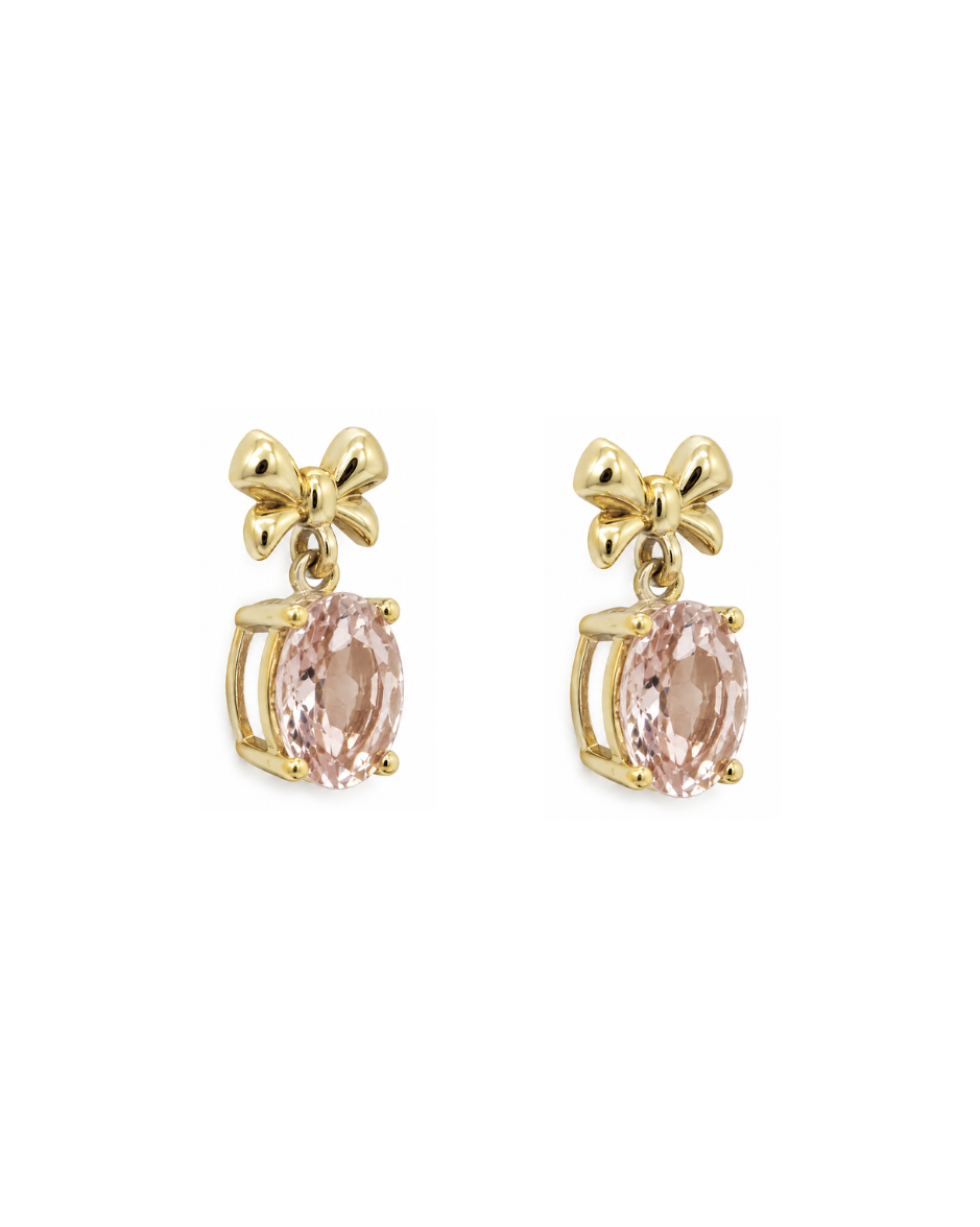 Aretes Moño con Morganita Rosa Natural 7x5 mm en Oro Amarillo 14K