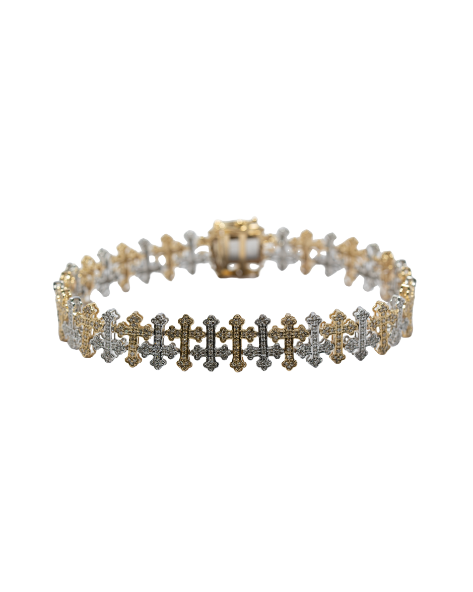 Onore pulsera de cruces entrelazadas con diamantes naturales en oro blanco y oro amarillo 10K
