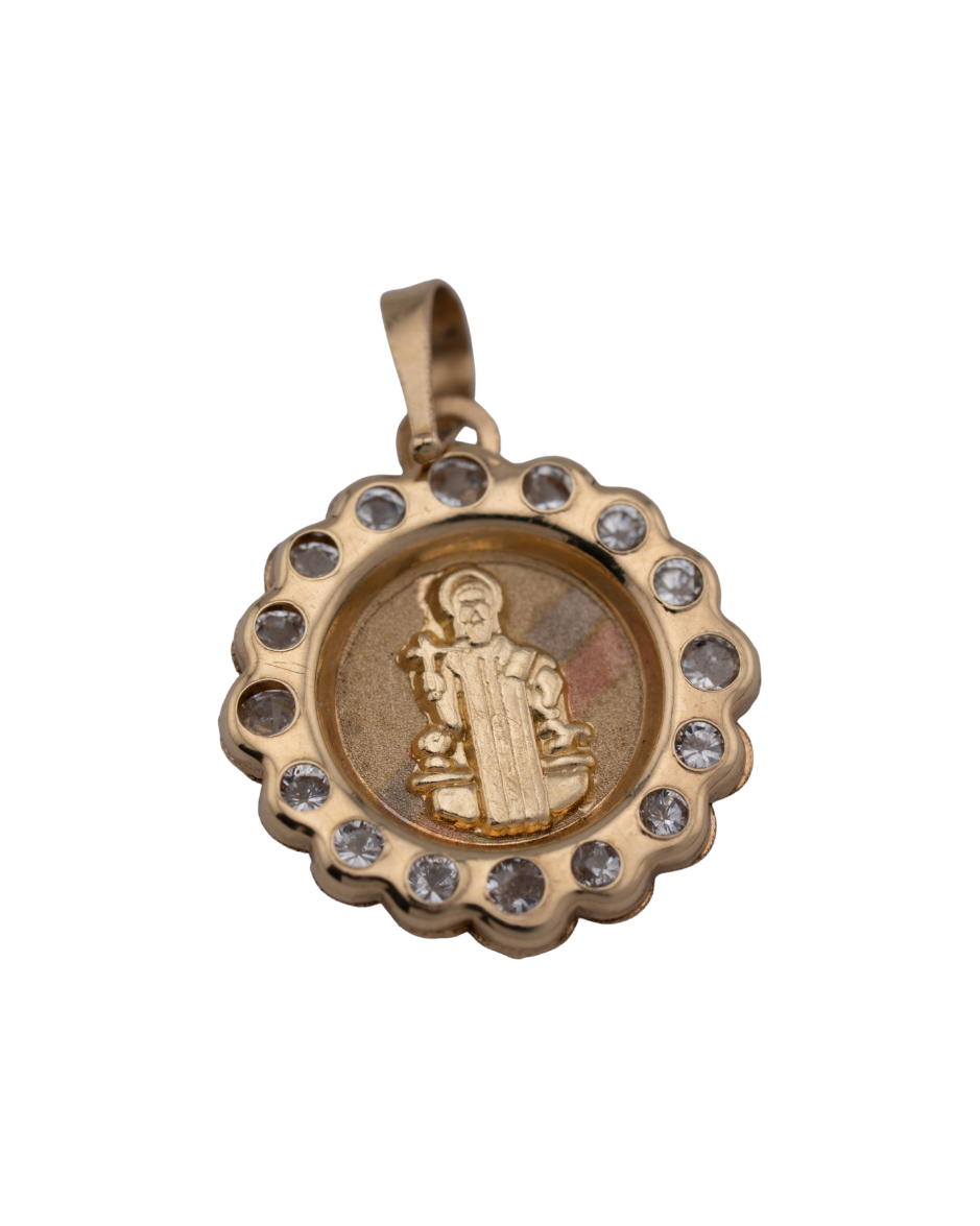 Onore medalla redonda de San Benito en oro amarillo 14K con grabado tradicional