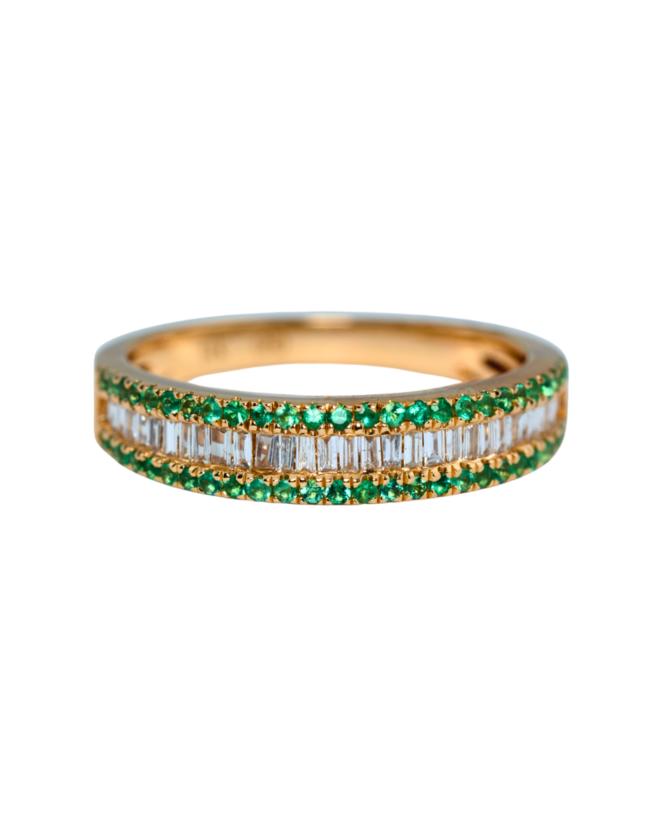 ONORE anillo oro amarillo 14K esmeraldas naturales diamantes baguette elegante