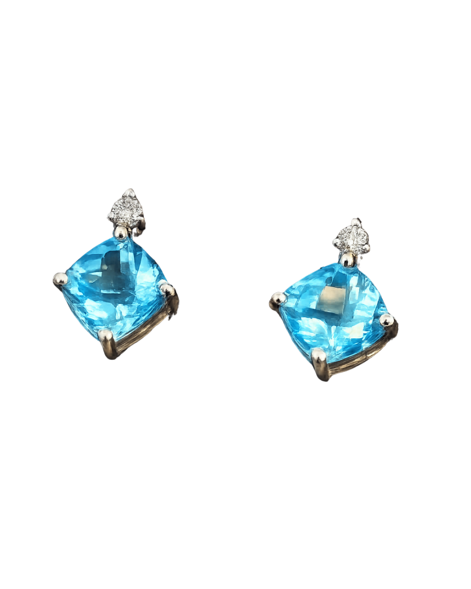 Aretes Oro Amarillo 14K con Topacio Azul y Diamantes