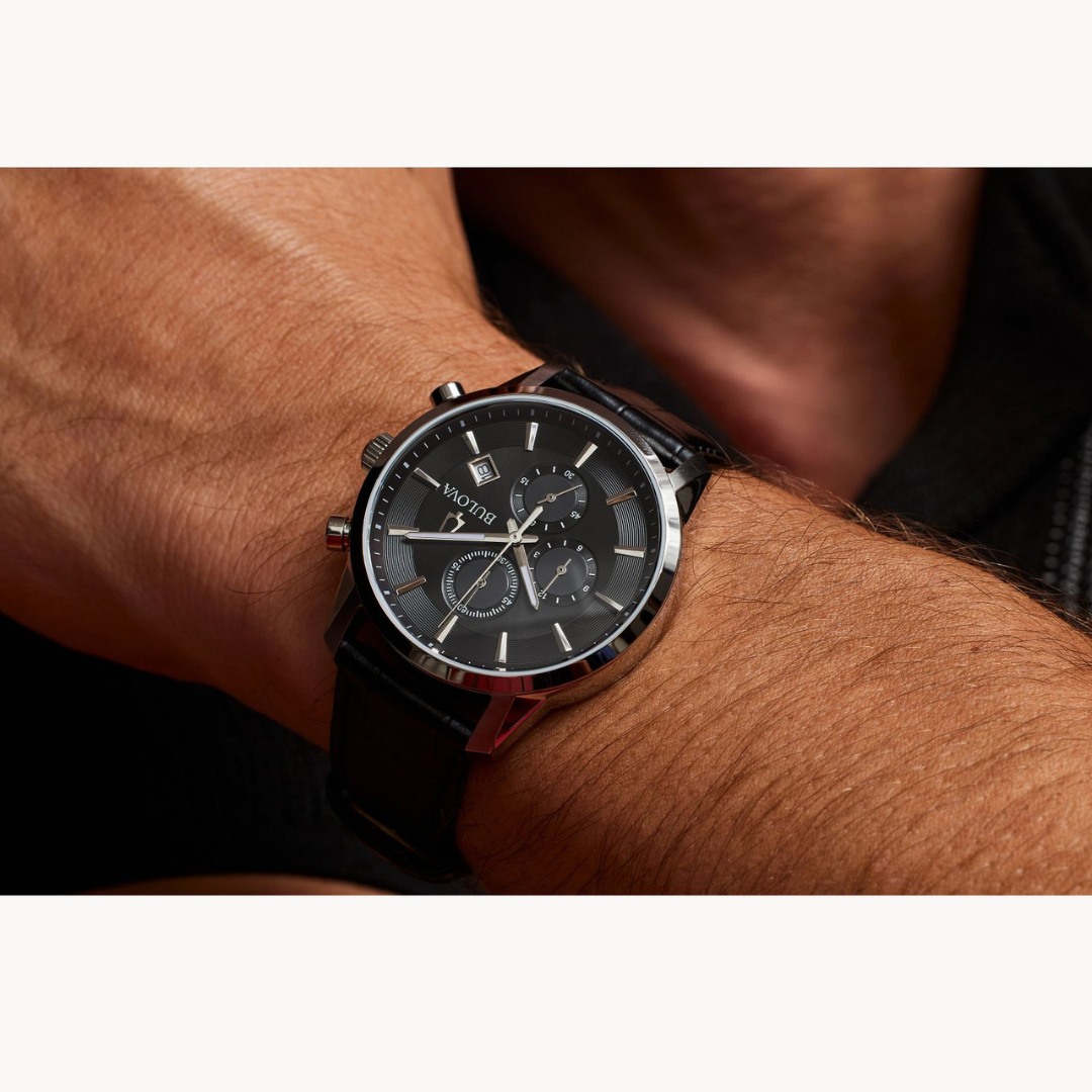 Bulova Sutton 96B403 negro acero inoxidable reloj cronógrafo clásico