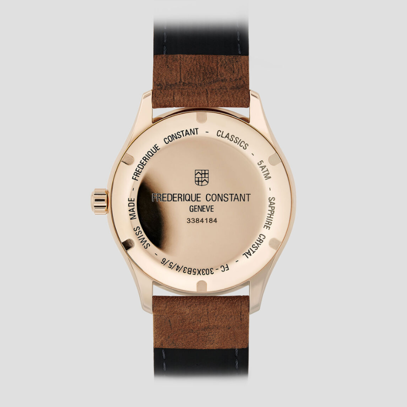 Frederique Constant FC-303NV5B4 automático oro rosa piel café reloj suizo elegante