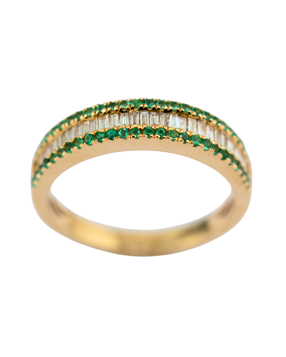 ONORE anillo oro amarillo 14K esmeraldas naturales diamantes baguette elegante