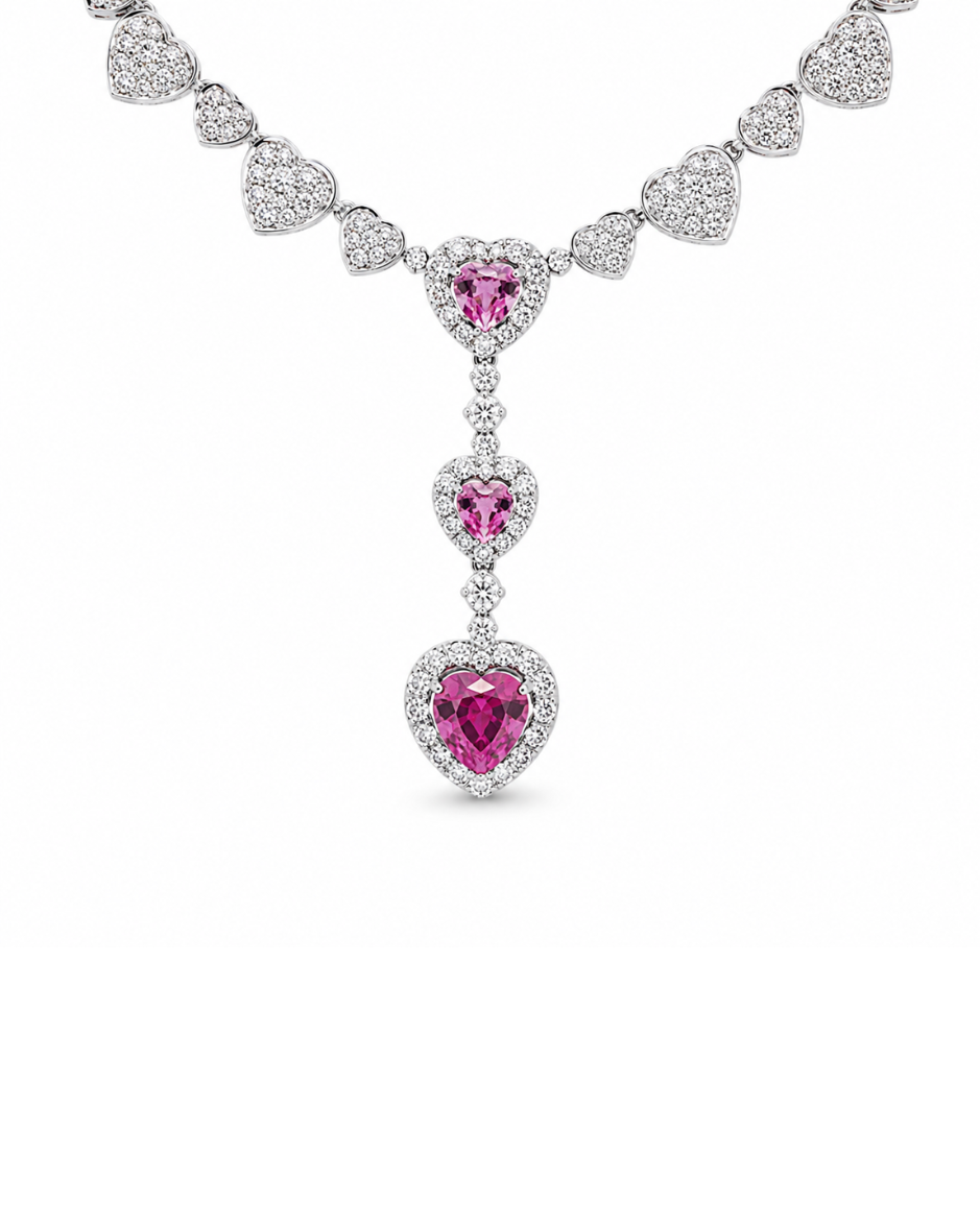 Collar Oro Blanco 14K con Diamantes Naturales y Zafiros Rosas