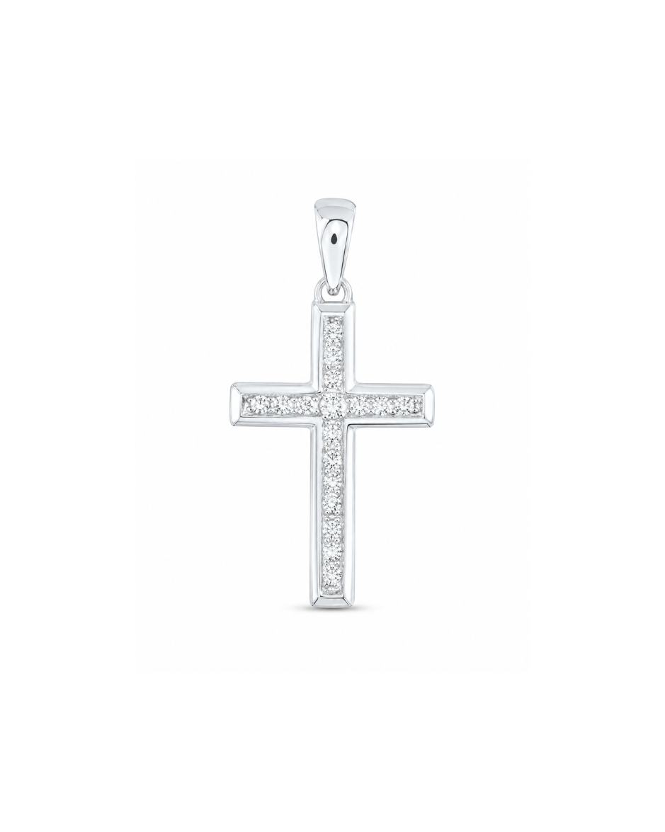 Cruz Oro Blanco 10K con Diamantes Naturales