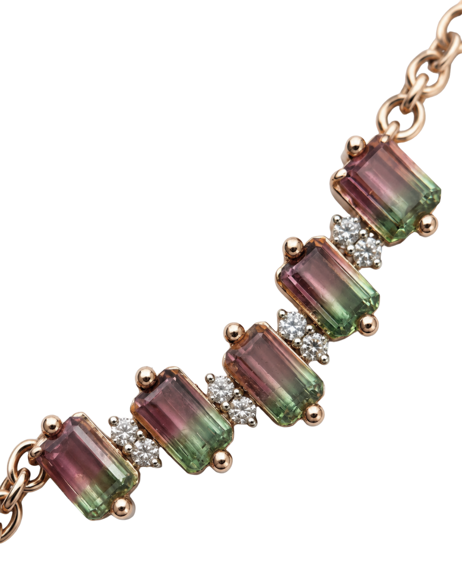 Collar con Turmalina Watermelon Corte Esmeralda y Diamantes Naturales en Oro Rosa14K