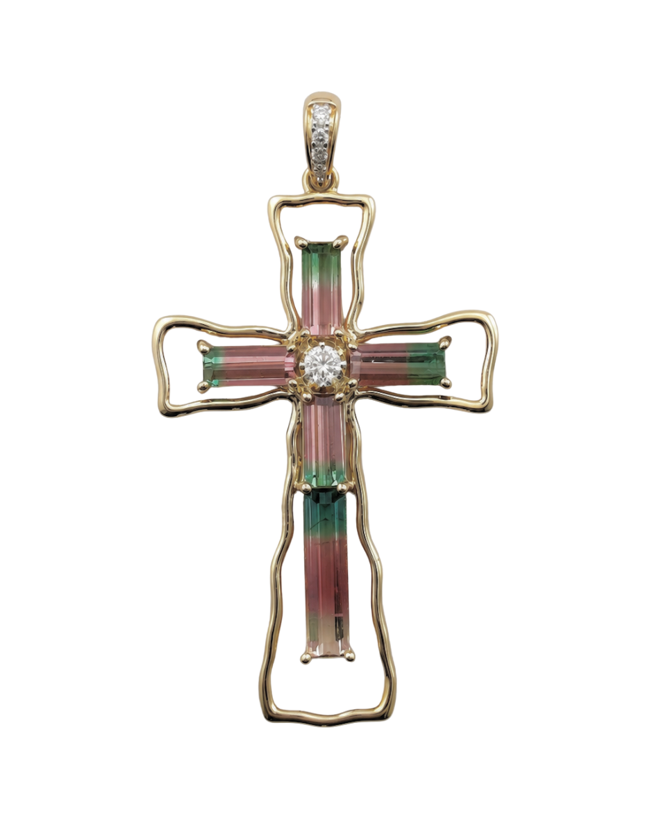 Dije Cruz con Turmalina Sandía Rosa Verde y Diamante Natural en Oro Amarillo 14K