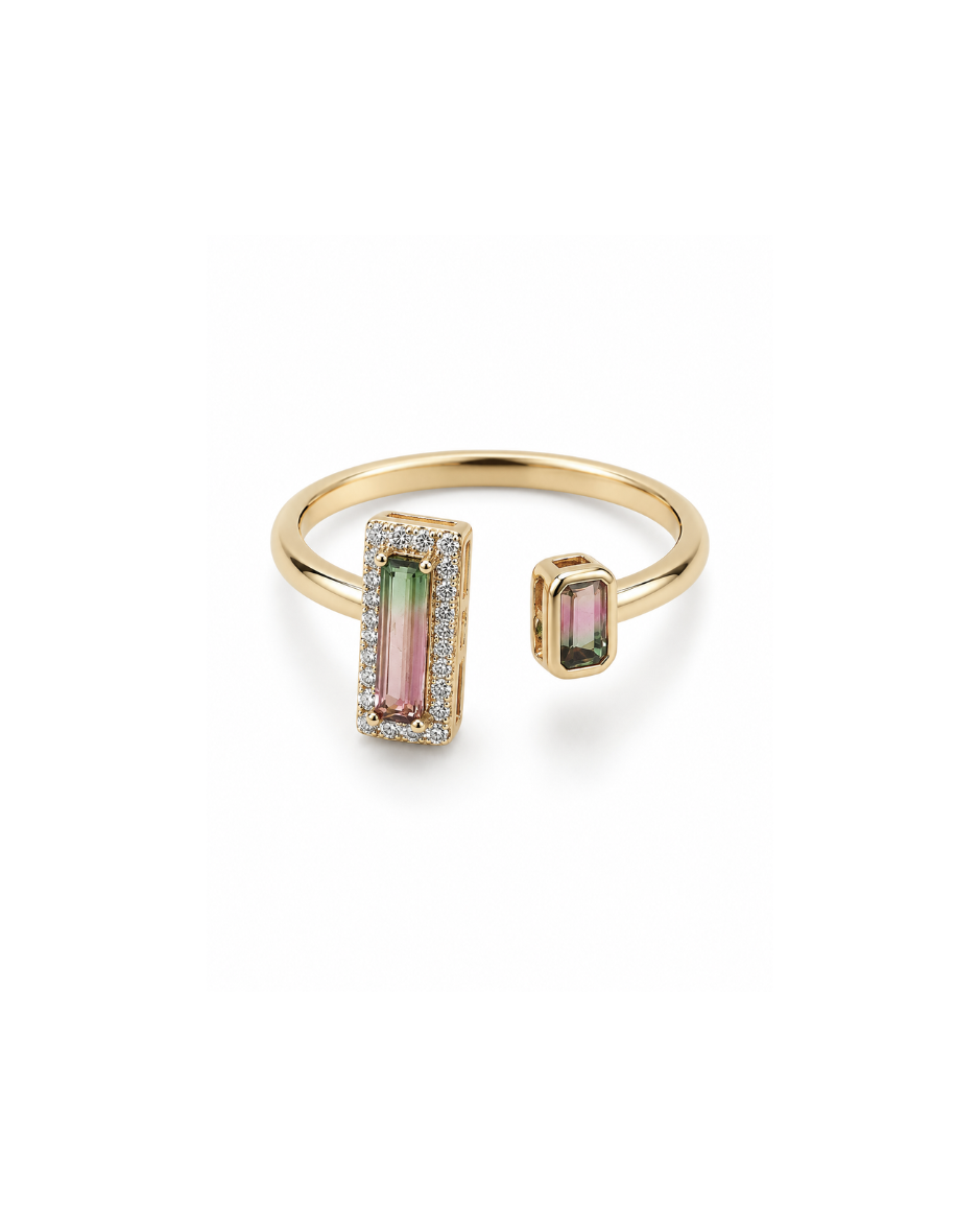 Anillo con Turmalina Sandía Bicolor Rosa y Verde en Oro Amarillo 14K