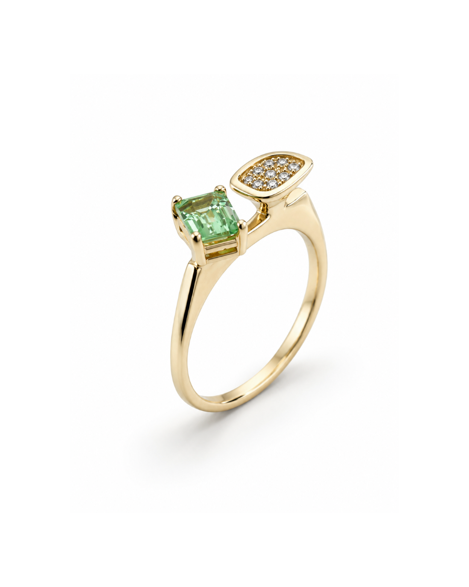 Anillo Doble Piedra con Zafiro Corte Baguette y Diamantes Naturales en Oro Amarillo 14K
