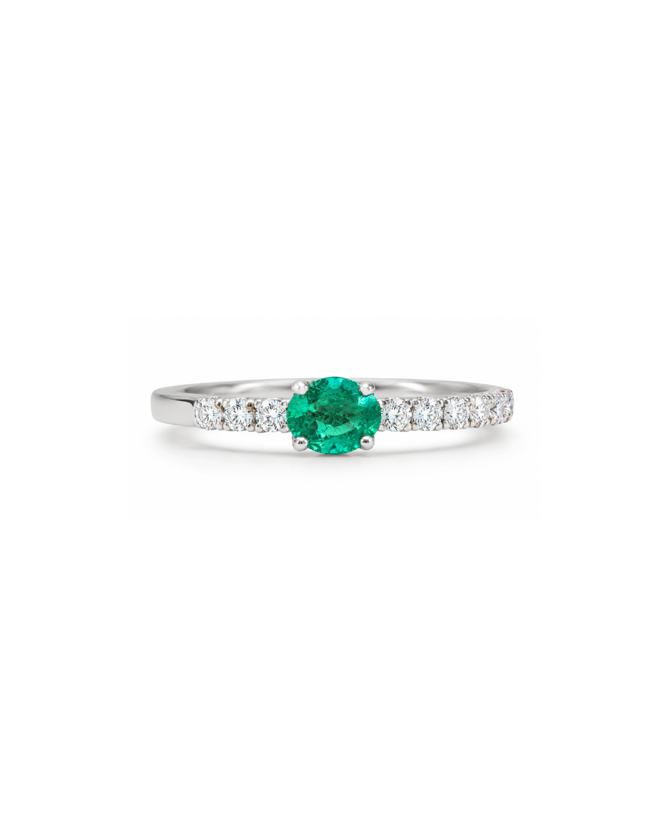 Anillo Oro Blanco 18K con Esmeralda Natural y Diamantes