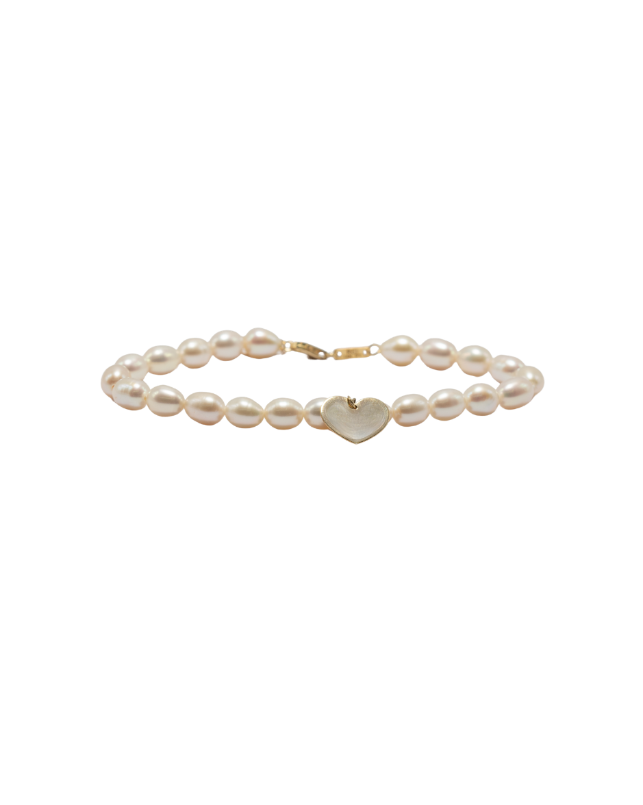 Pulsera Corazón y Perla Cultivada Oro Amarillo 14K