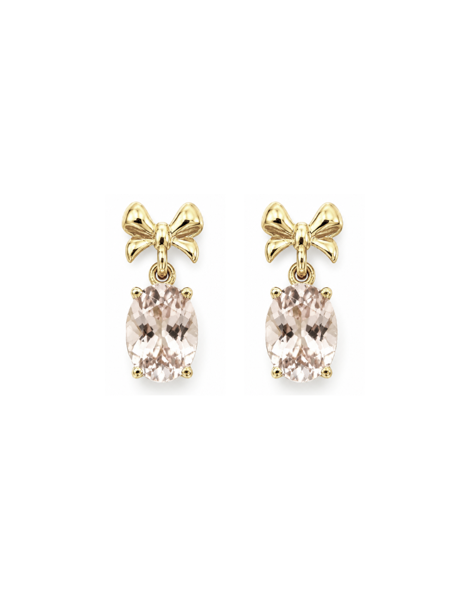 Aretes Moño con Morganita Rosa Natural 7x5 mm en Oro Amarillo 14K