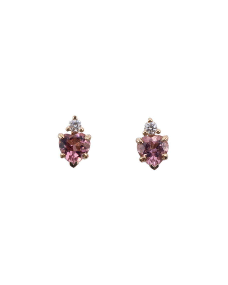 Onore aretes turmalina rosa natural en forma de corazón con diamantes y oro amarillo 14K